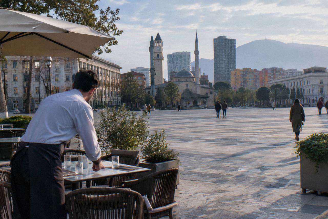 Waiter setting a table at an outdoor restaurant terrace in central Tirana