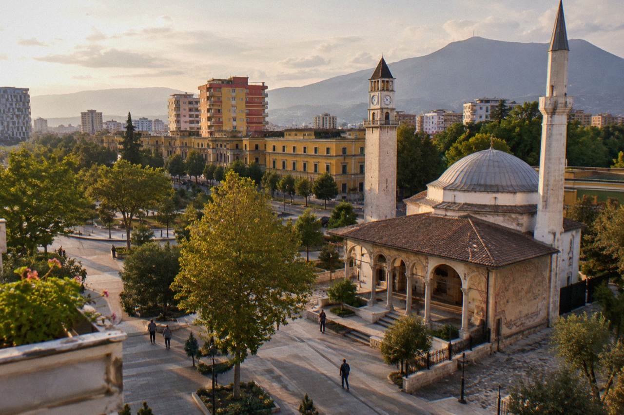 Et'hem Bey Mosque and the Clock Tower beside Skanderbeg Square in central Tirana