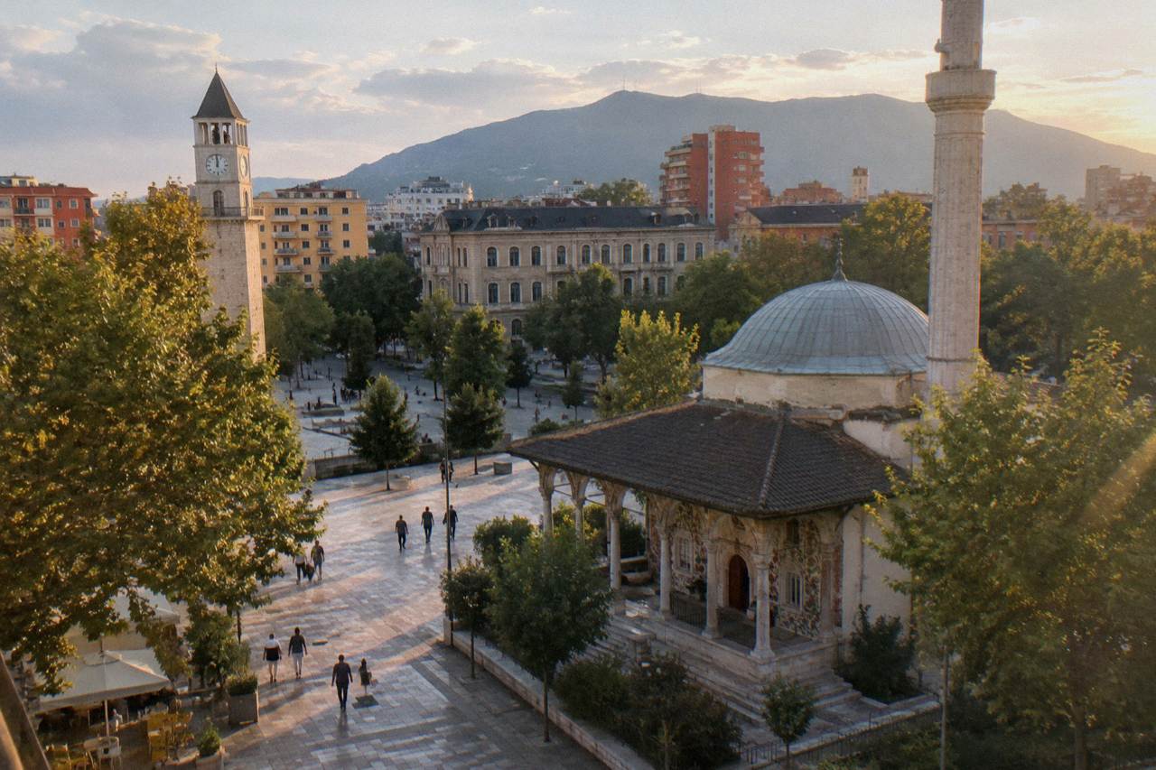 The Et'hem Bey Mosque and Clock Tower seen from Skanderbeg Square in central Tirana