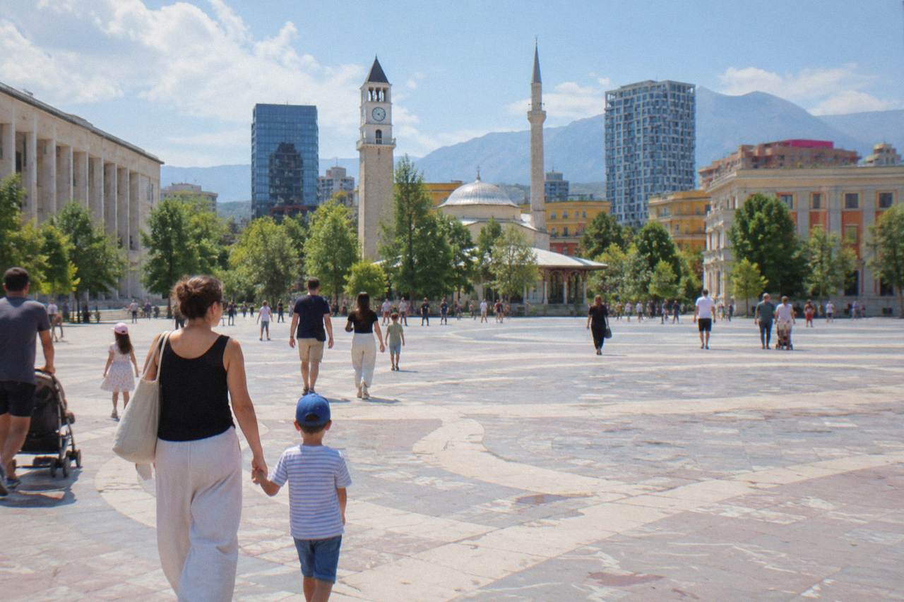 Families walking across a wide pedestrian square in central Tirana on a sunny day