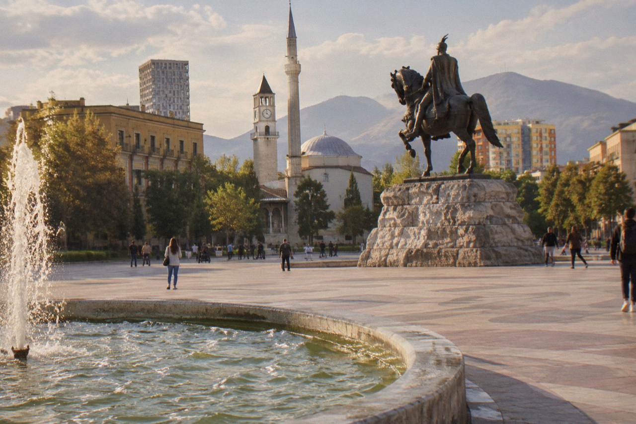 Skanderbeg Square in central Tirana with the equestrian statue and the mosque and clock tower behind it