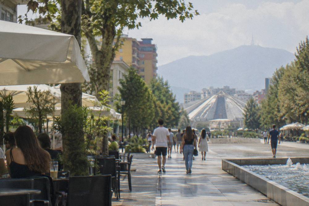The pedestrian boulevard between Skanderbeg Square and Blloku with the Pyramid visible