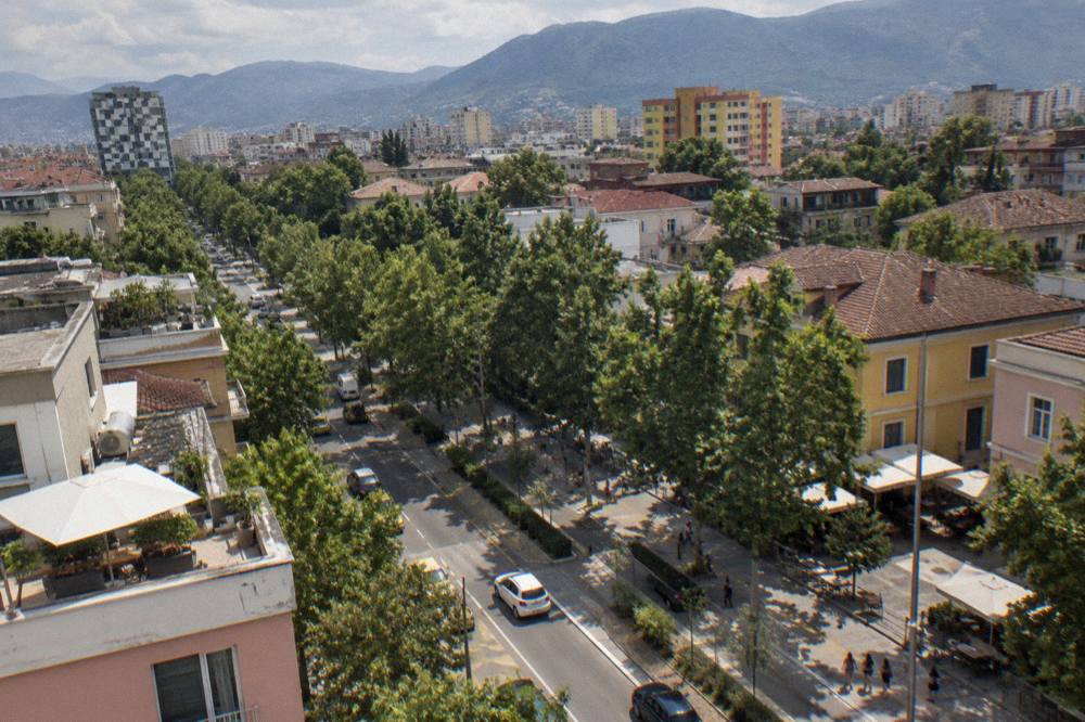 Aerial view of the Blloku grid of tree-lined streets south of central Tirana