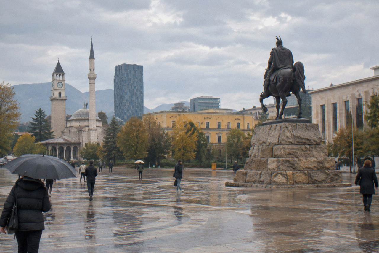 Skanderbeg Square in Tirana with the equestrian statue and museum facades around it