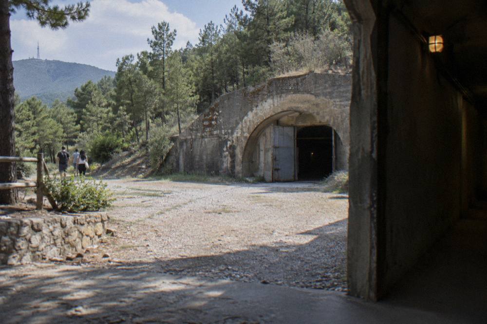Dim corridor inside a concrete bunker with exhibits along the walls