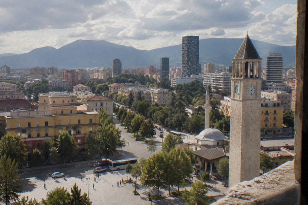 Panoramic view over the rooftops and boulevards of central Tirana from the top of the Clock Tower