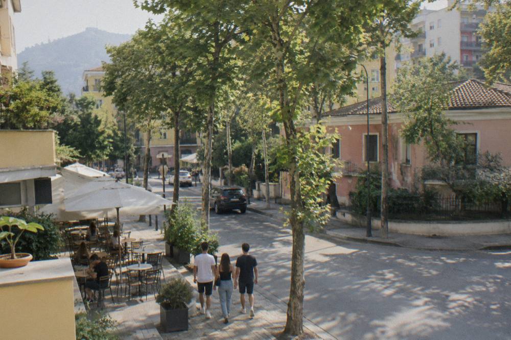 A quiet tree-lined street corner in Blloku on a bright morning