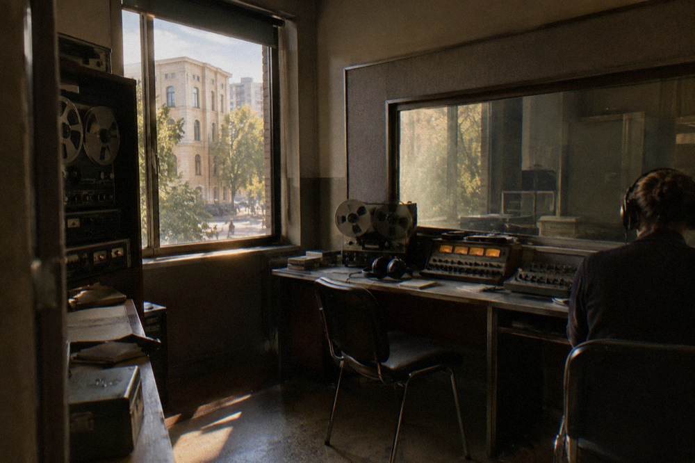 A restored interception room with headphones, tape recorders and monitoring equipment