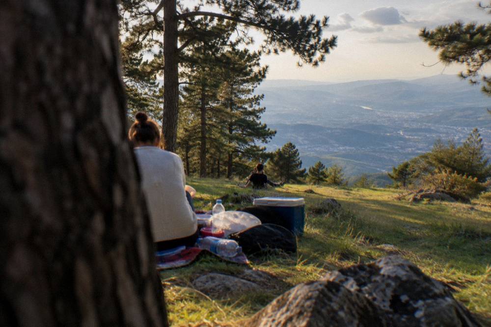 Family picnic on a grassy clearing in the pine forest of Mount Dajti