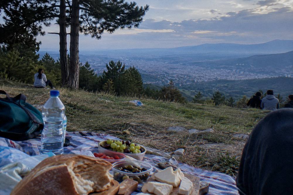 Spread of bread, cheese, olives and fruit on a picnic blanket in a Dajti clearing