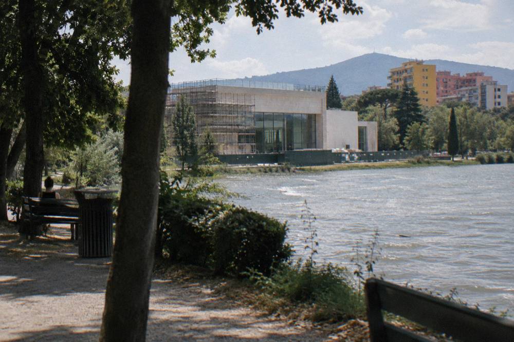 Scaffolding and construction hoarding around a museum building in a European capital