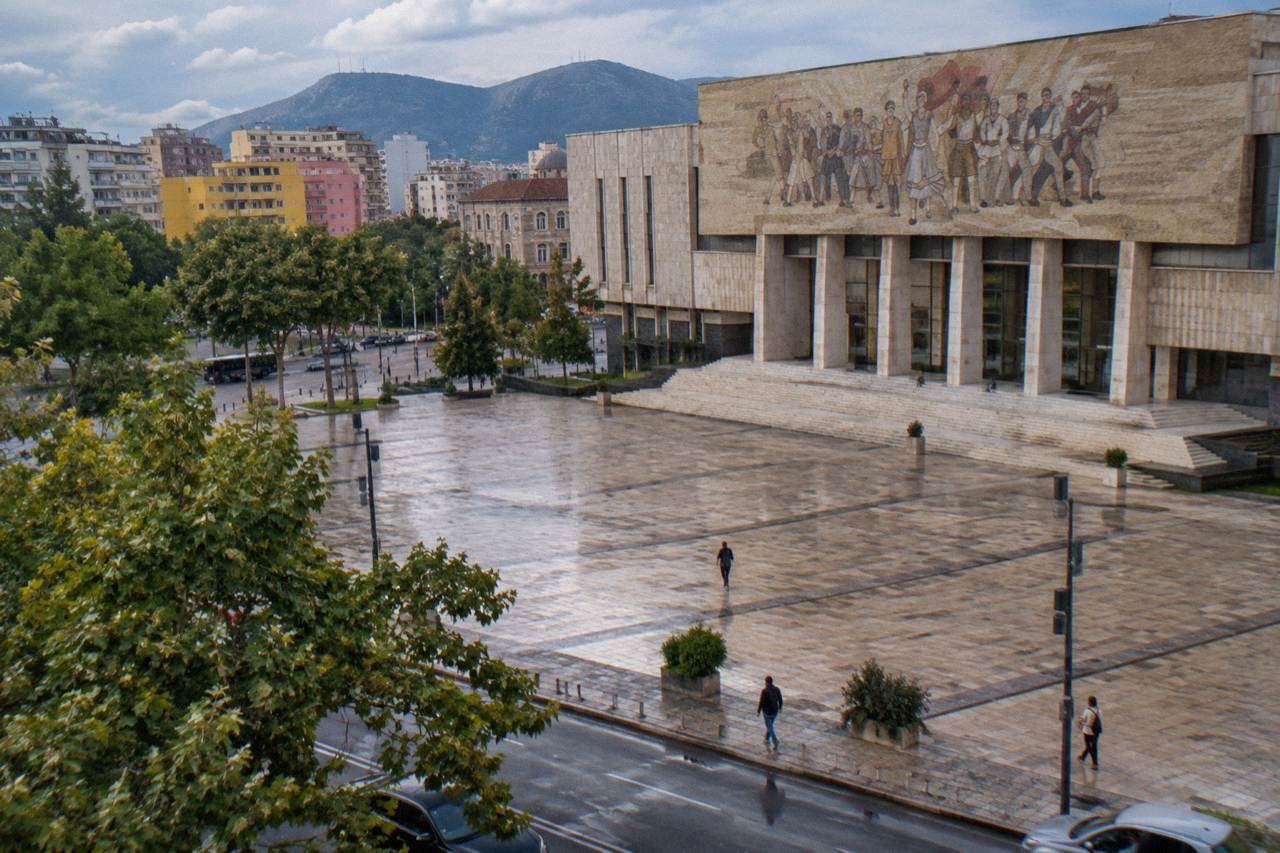 The sweeping mosaic facade of the National History Museum on Skanderbeg Square in Tirana