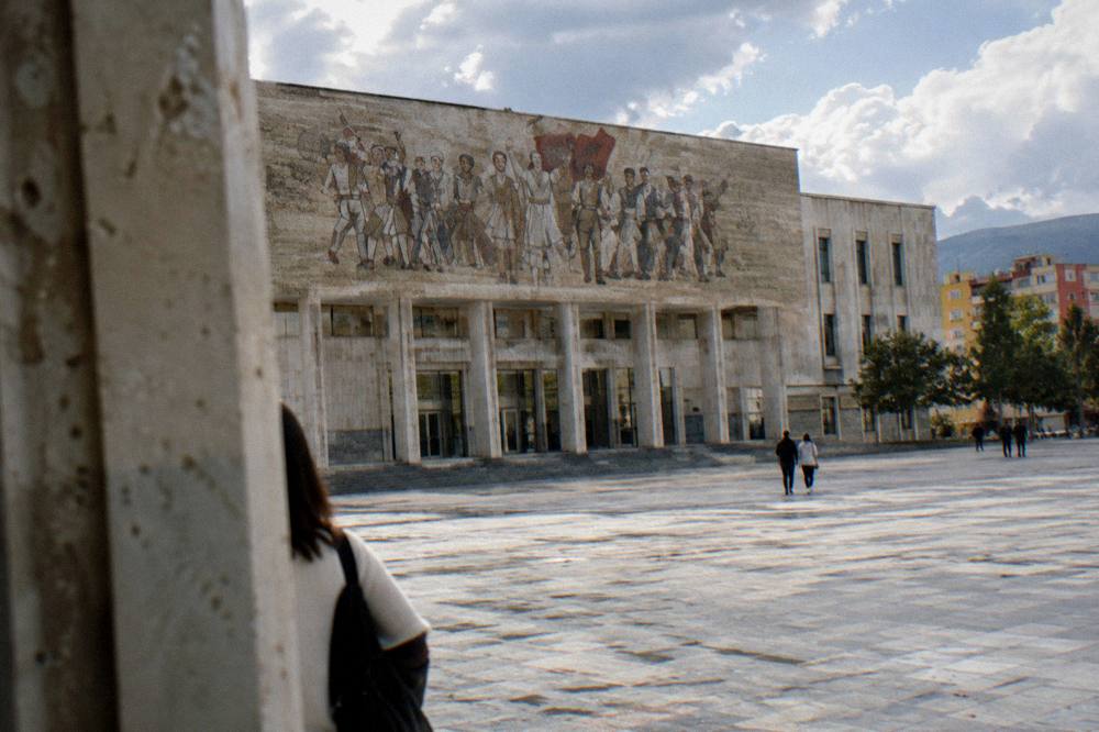 Detail of tiled figures on the museum's large mosaic facade
