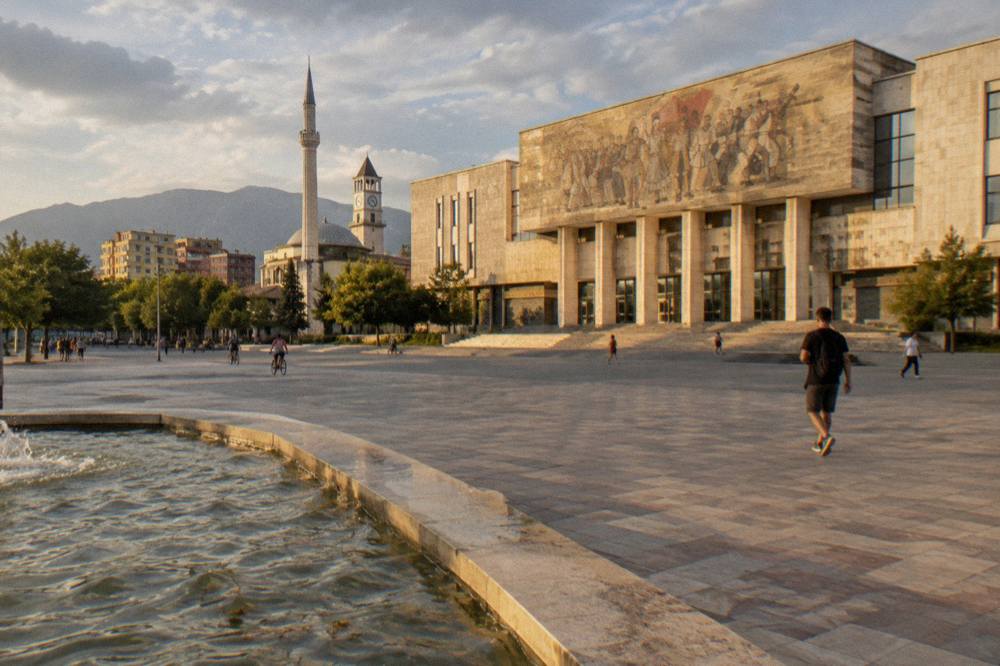 The pedestrian square with the mosque minaret and clock tower behind the museum corner