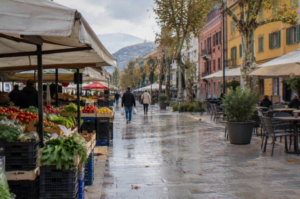A pedestrian street with colourful building facades near the New Bazaar in Tirana