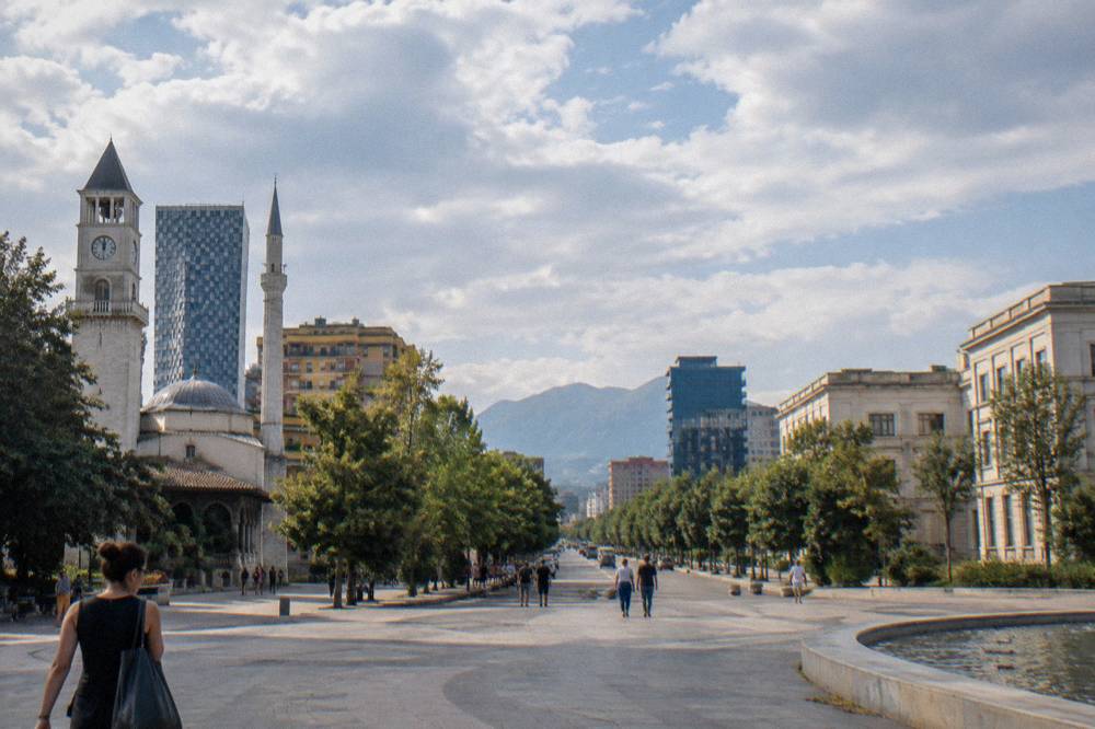 A tree-lined boulevard in Tirana leading south from the city centre towards the Blloku quarter