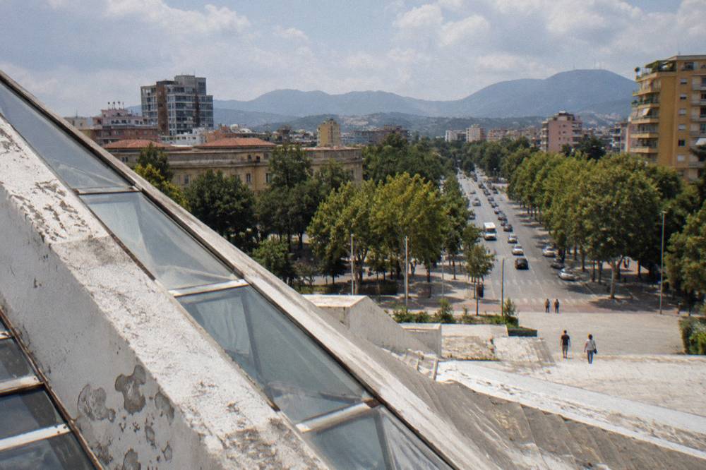 The view from the upper steps of the Pyramid toward the boulevard and distant hills