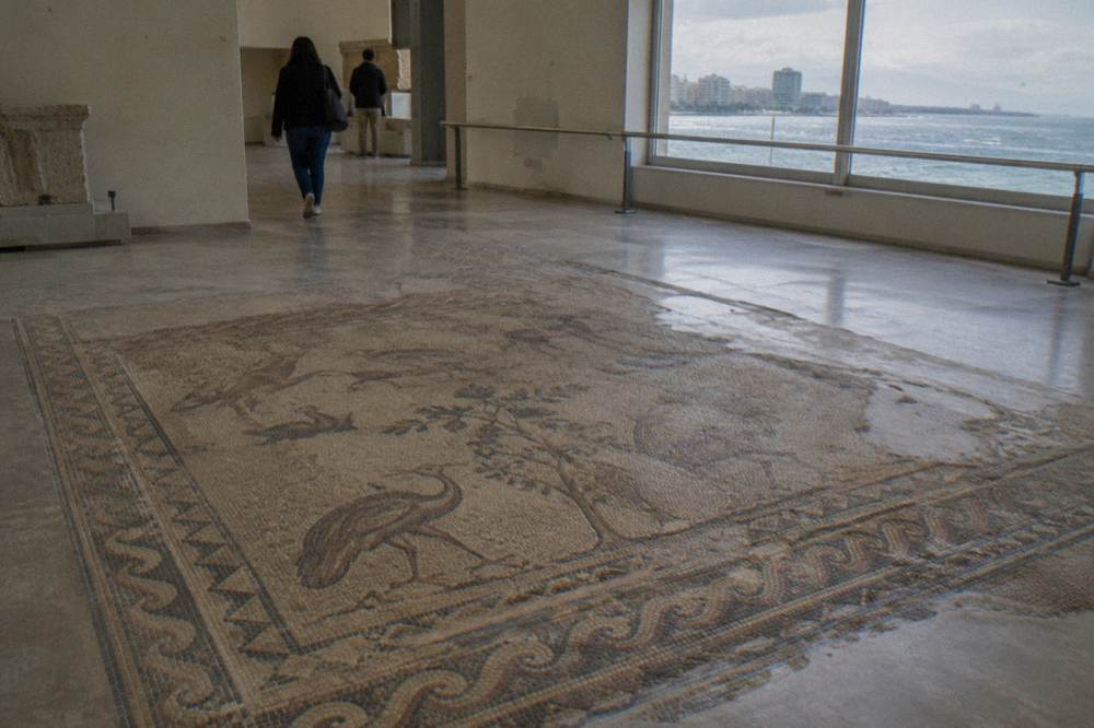 Detail of a Roman mosaic floor on display in the Durres Archaeological Museum