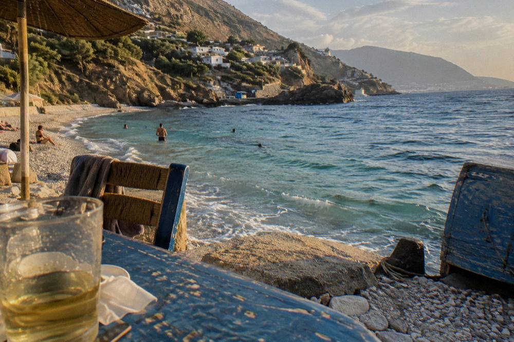 Turquoise water and a pebble beach on the Albanian Riviera south of Gjirokaster