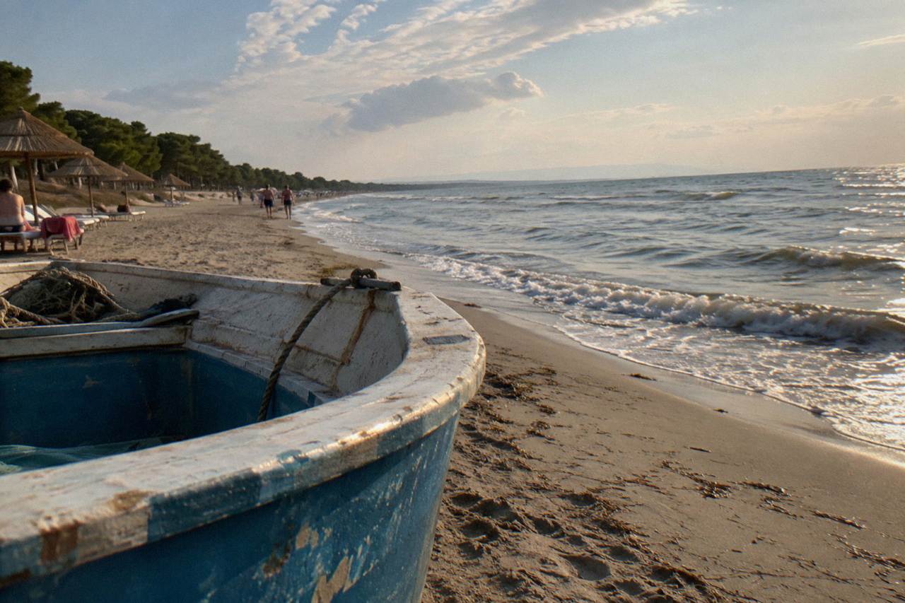 A long sandy beach curving along a calm Adriatic shoreline under a wide sky