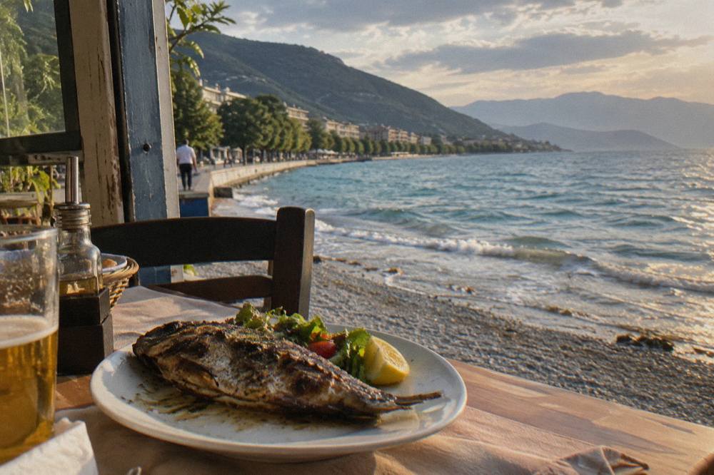 A plate of grilled lake fish on a restaurant table beside an open window