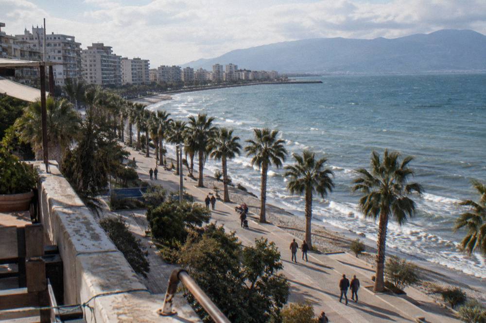 A palm-lined seaside promenade with people walking beside a long curved bay