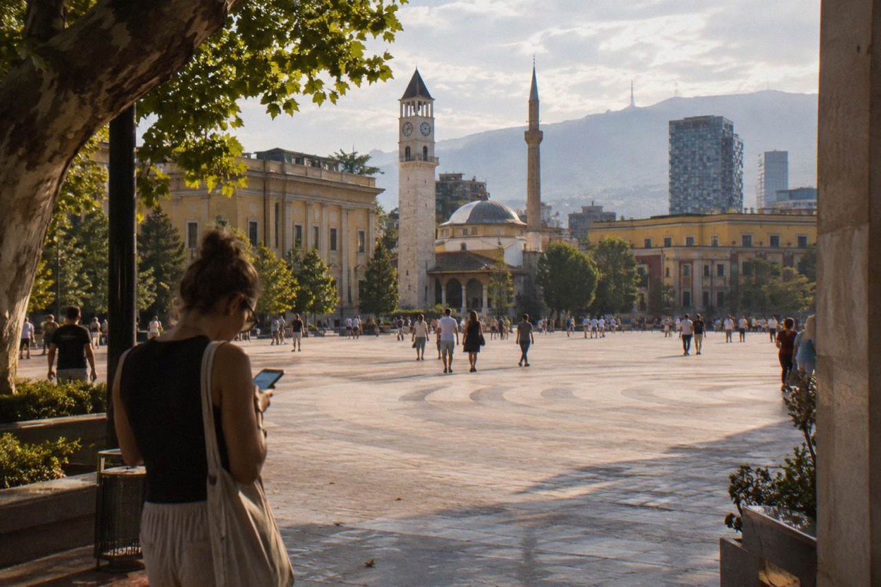 A traveller checking a phone on a sunny pedestrian street in central Tirana