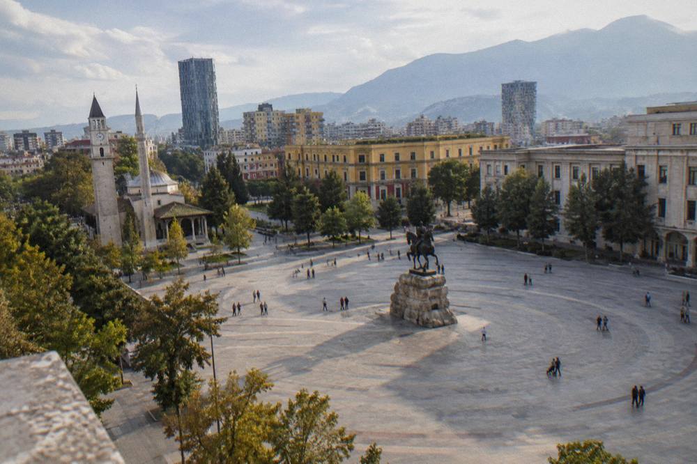 Skanderbeg Square in Tirana seen from above with the equestrian statue at its centre