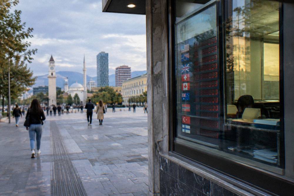 Currency exchange office window with a rate board in a central Tirana street