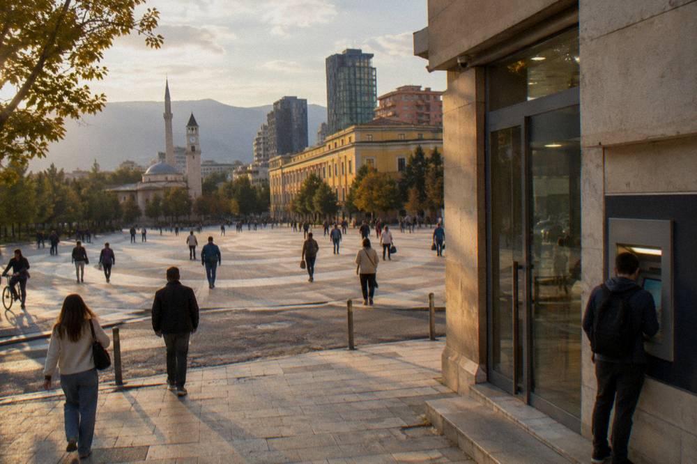 Bank branch entrance with an ATM in a side wall on a Tirana street