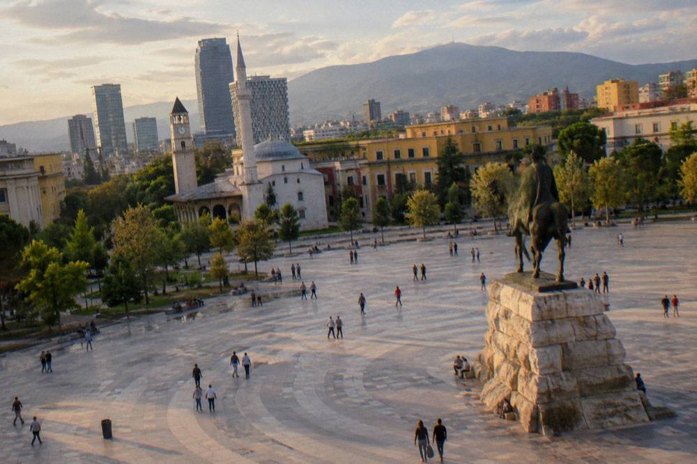 Skanderbeg Square in Tirana seen from above with the equestrian statue and mosque minaret