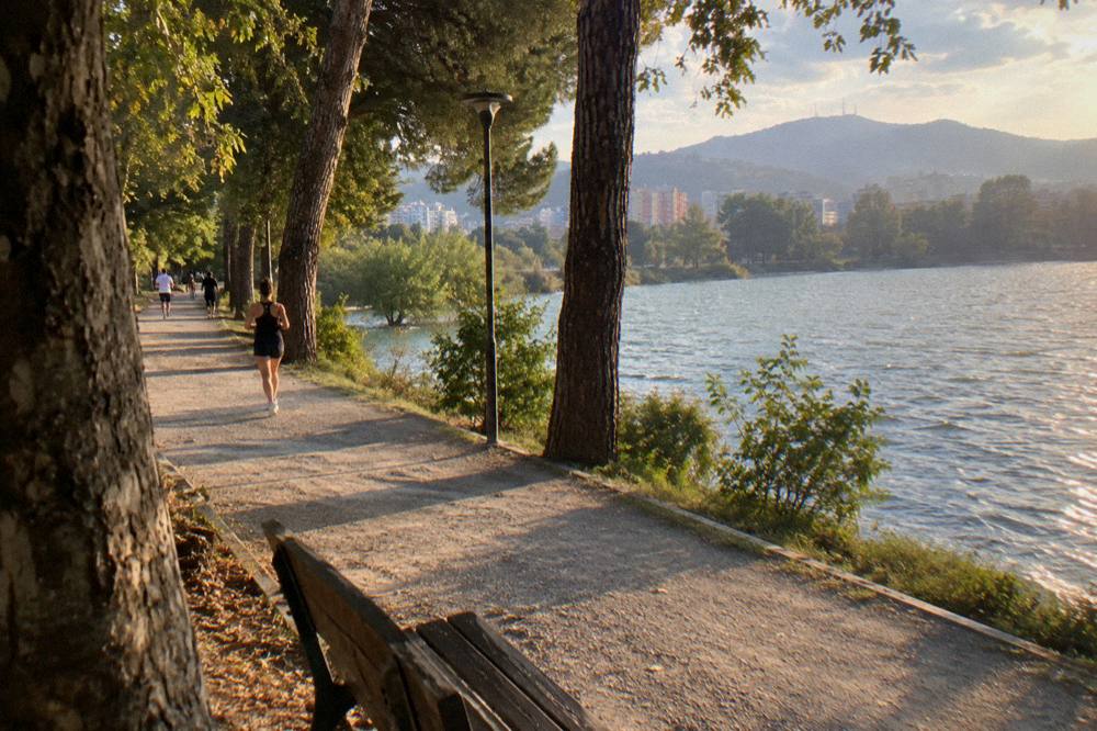 A tree-lined path beside a lake at the edge of a city with hills beyond