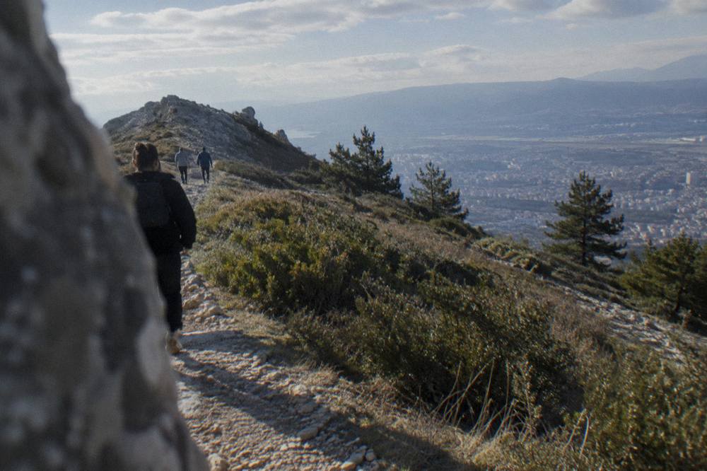 A gravel path climbing through low scrub toward a rocky summit in morning light