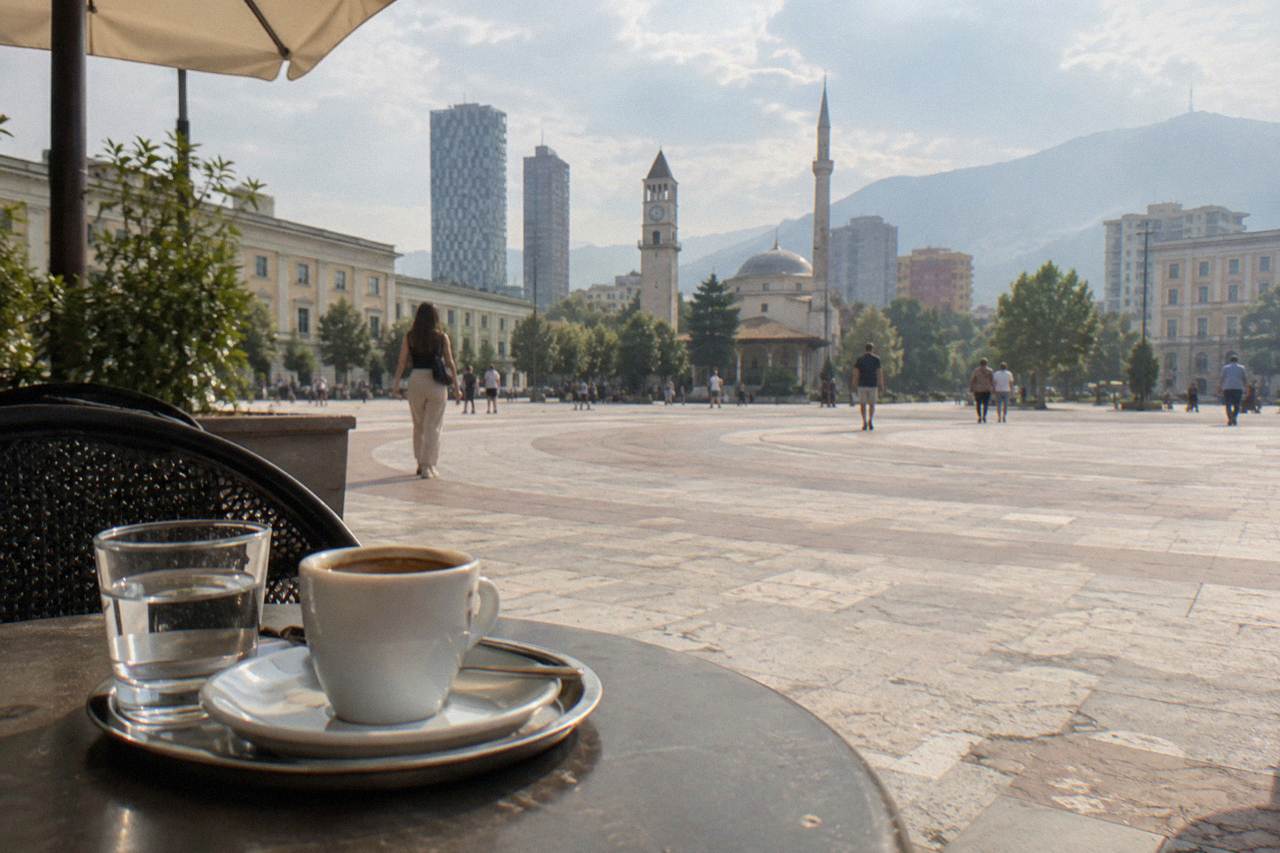 A cafe terrace in central Tirana with a small tray holding an espresso cup and a receipt
