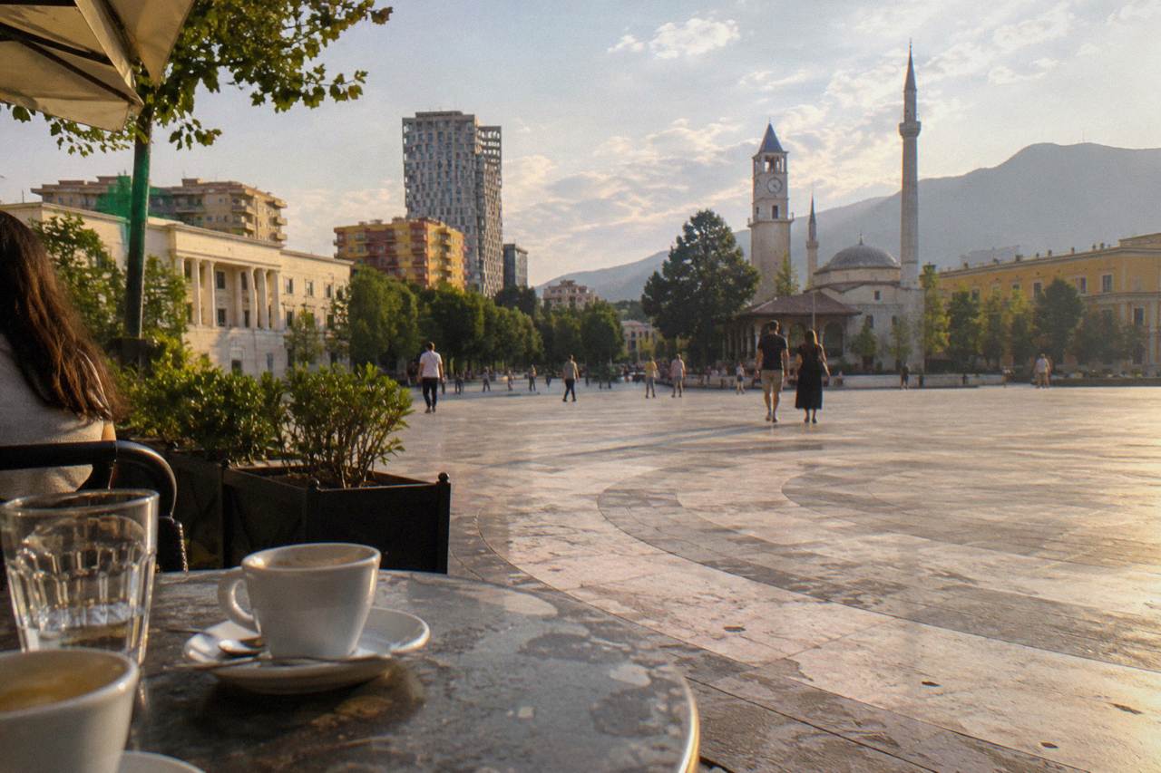 Outdoor cafe tables with espresso cups on a Tirana street in the afternoon