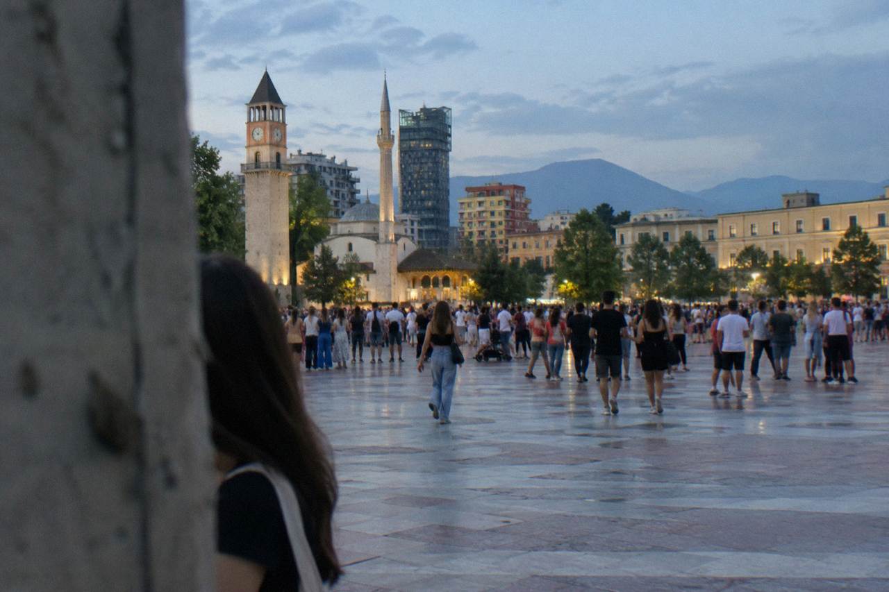 Crowds gathered on a large central square in Tirana during a public festival