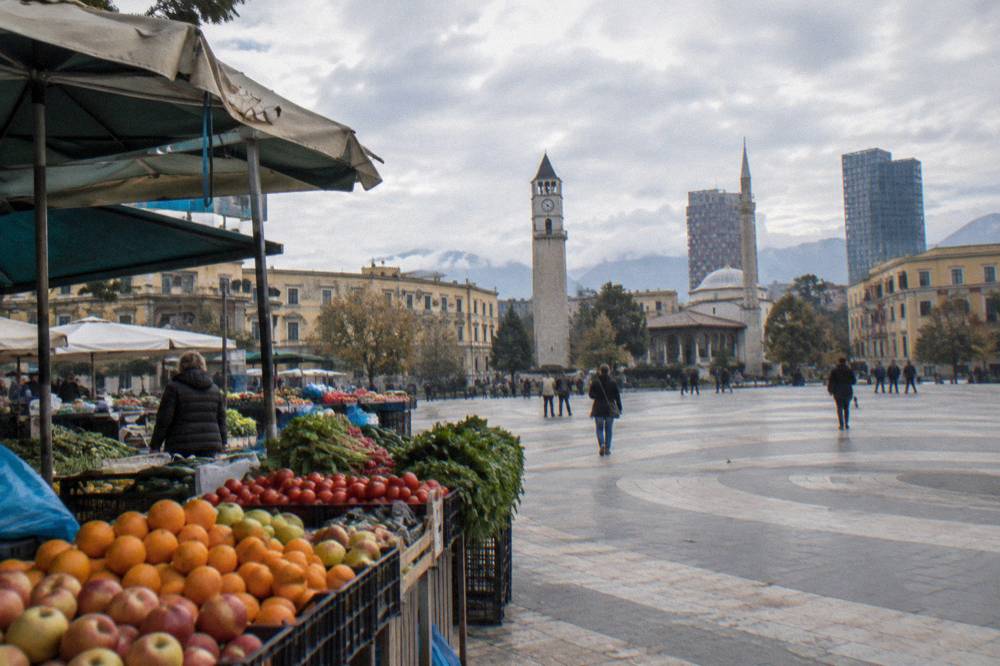 A street market stall with fresh produce in central Tirana in the morning