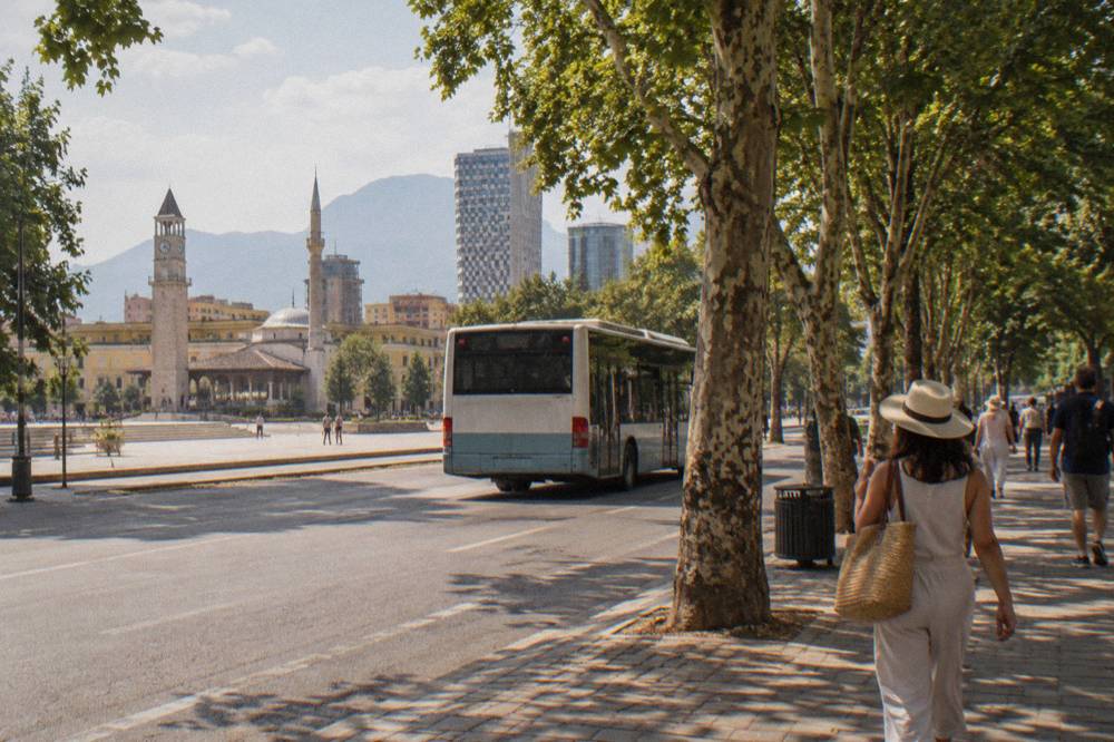A city bus on a tree-lined Tirana boulevard in bright summer light