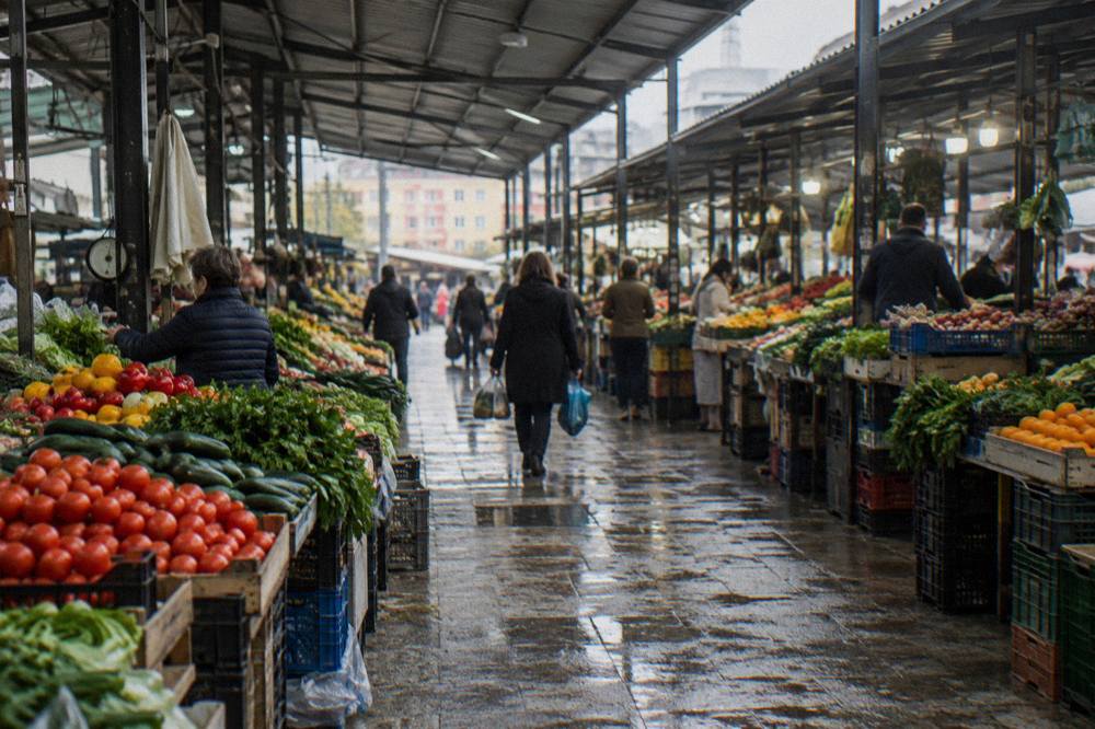 A covered market lane in Tirana with produce stalls on both sides and shoppers between them