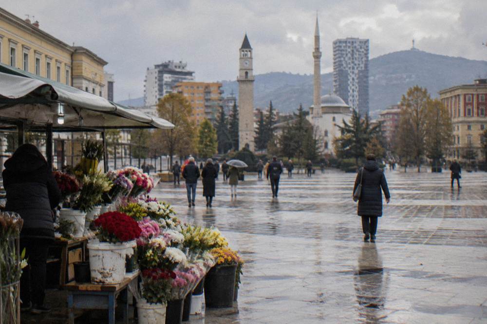 A flower seller's stall with buckets of cut flowers beside a market street in Tirana