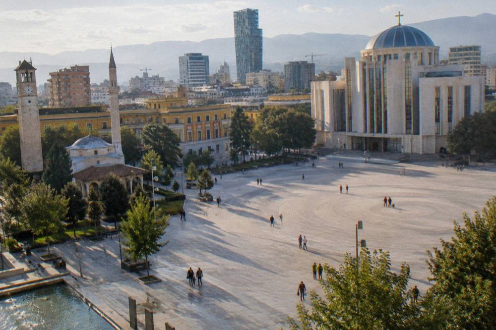 The modern exterior of the Resurrection Orthodox Cathedral in central Tirana