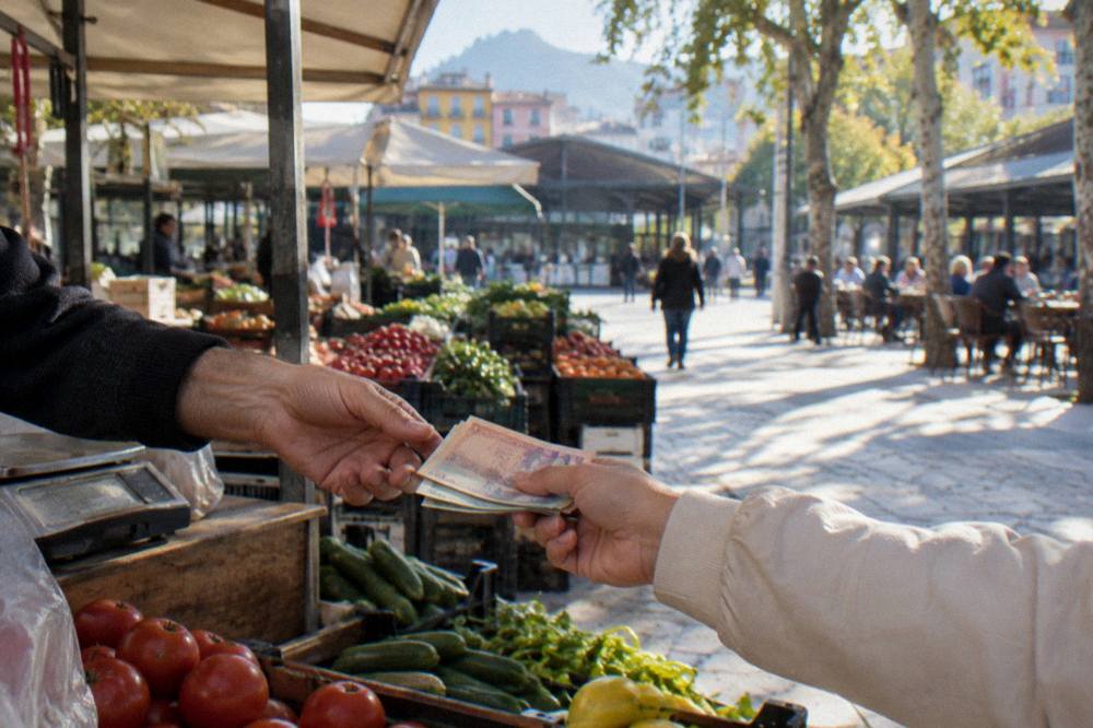 Hand passing Albanian lek banknotes across a market counter
