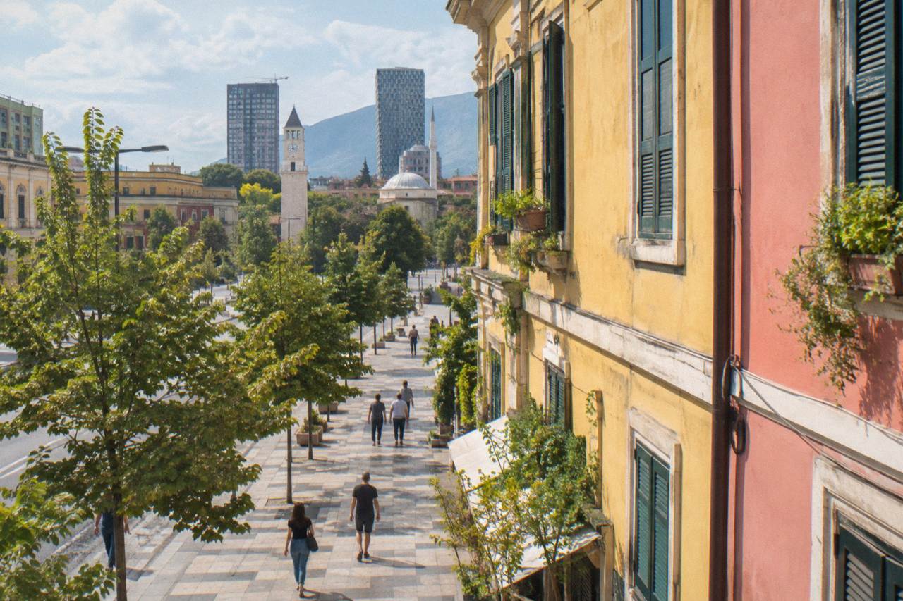A colourful painted building facade on a sunny street in Tirana with pedestrians walking past