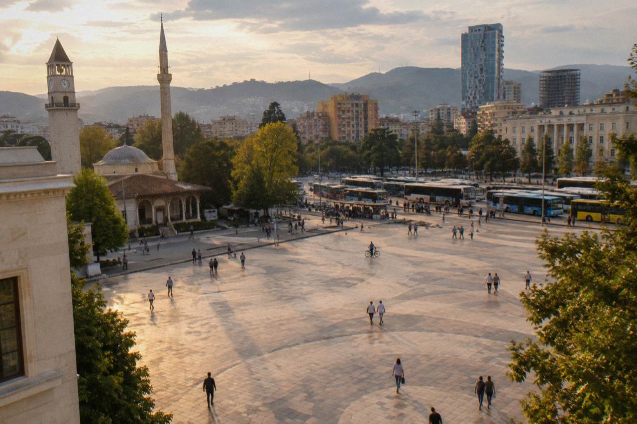 Buses lined up at a busy terminal on the edge of Tirana with hills in the background