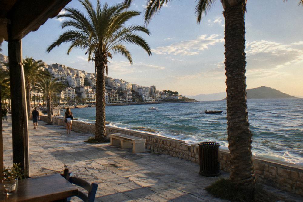A promenade at sunset with palm trees and calm sea in a southern Albanian resort town