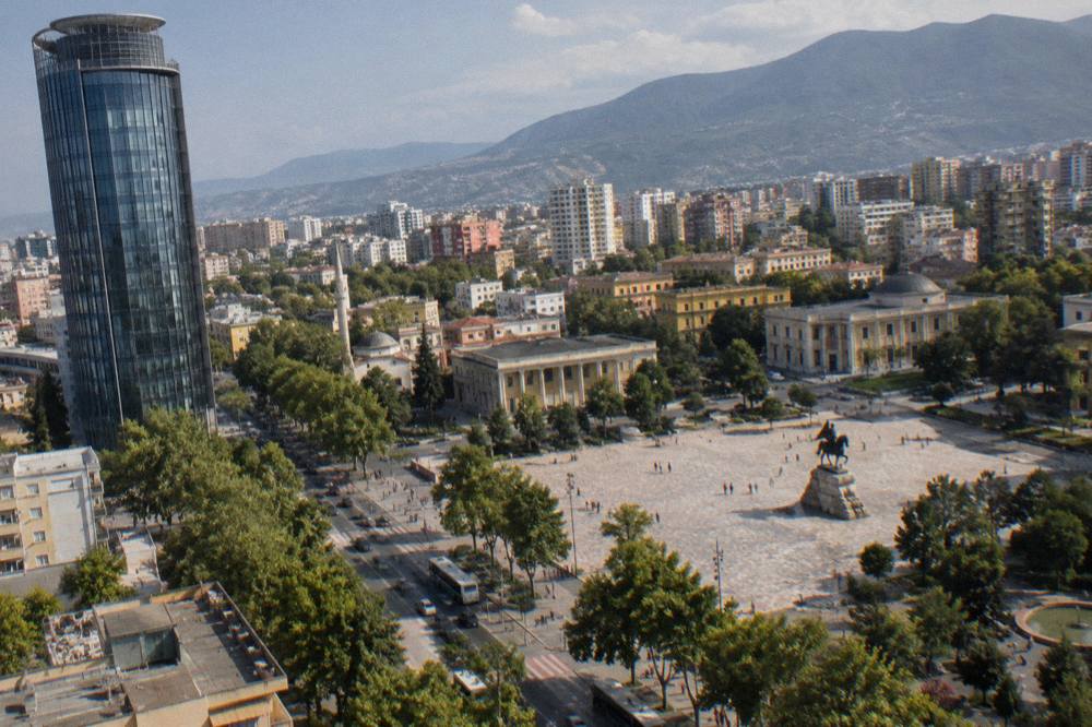 Skanderbeg Square seen from above with the equestrian statue at its centre