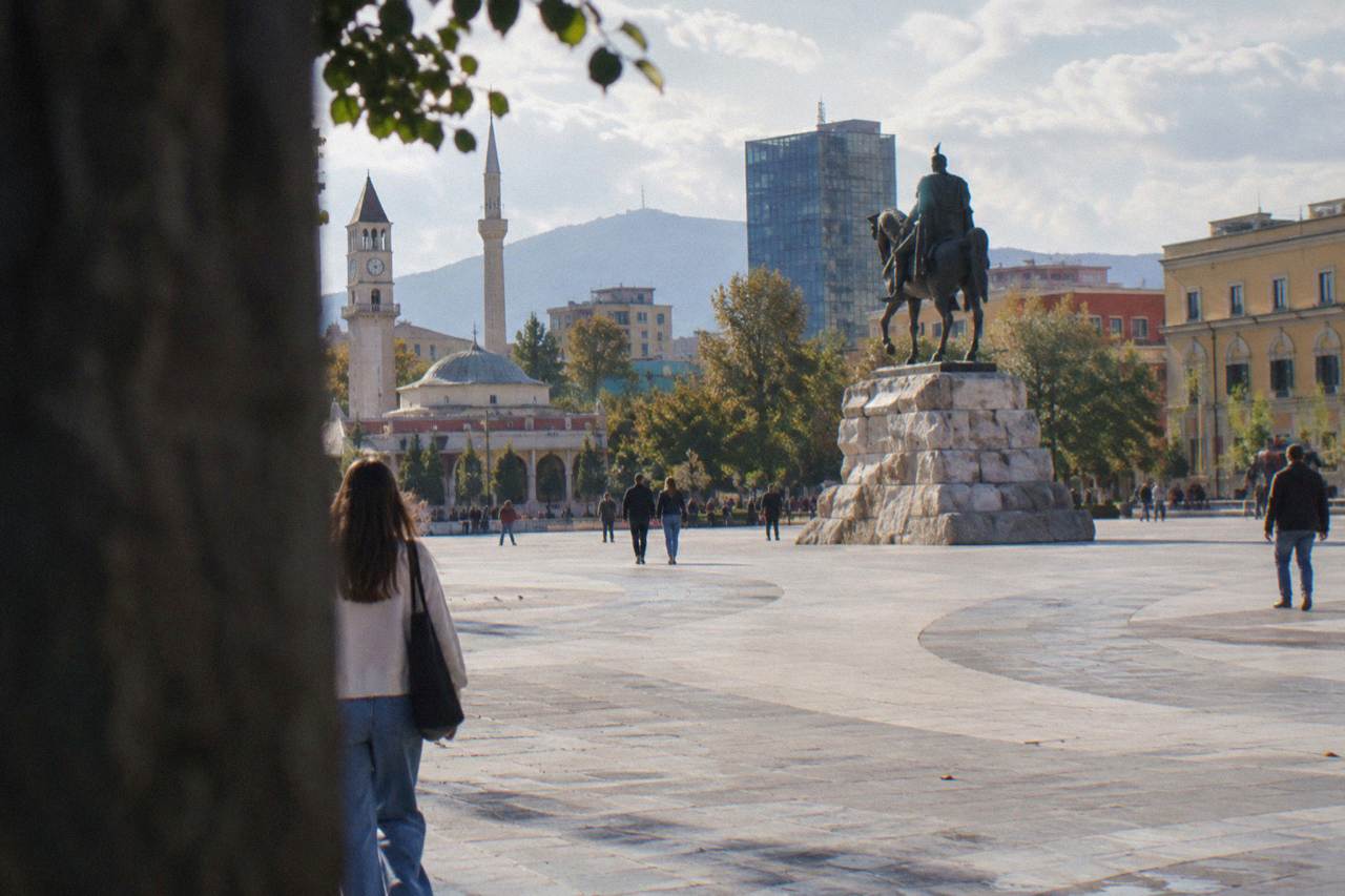Skanderbeg Square in central Tirana with the equestrian statue and ministry buildings