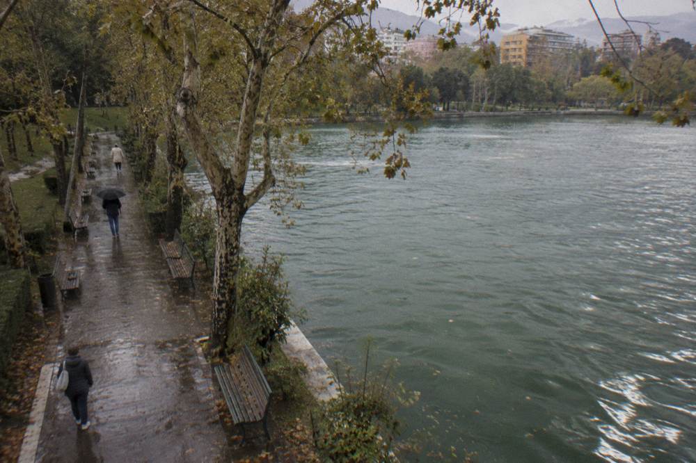 Tree-lined path beside the Artificial Lake in the Grand Park of Tirana