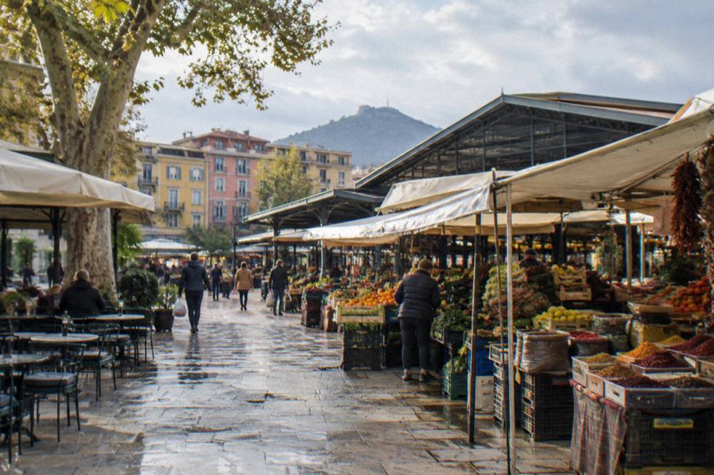 Fresh produce and spice stalls at the New Bazaar market in Tirana