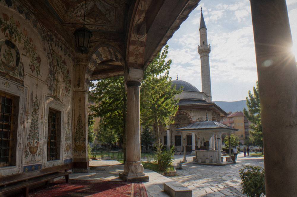 The frescoed portico of the Et'hem Bey Mosque in central Tirana